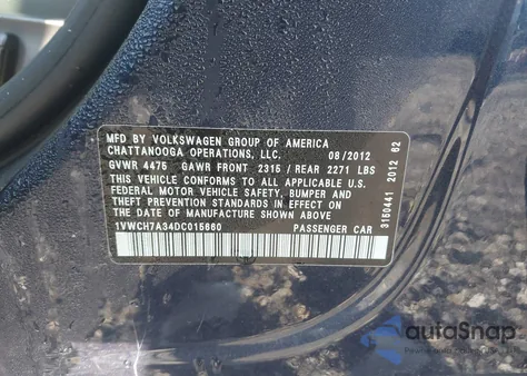 2013 Volkswagen Passat Sel z USA, uszkodzony, nr VIN 1VWCH7A34DC015660